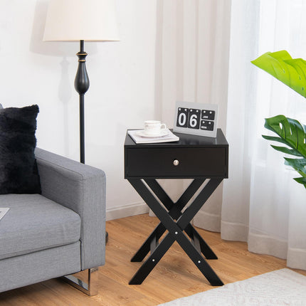 Nachttisch mit Schublade, X-förmiges MDF, Schwarz