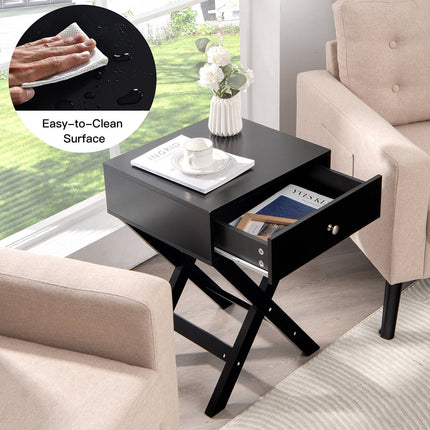 Nachttisch mit Schublade, X-förmiges MDF, Schwarz