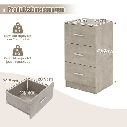 Nightstand with 3 Drawers, High Gloss, 37x34x66.5 cm, Cement Gray
