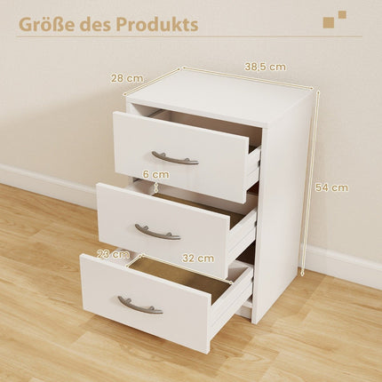 Nachttisch mit 3 Schubladen, Weiß, 38,5 x 28 x 54 cm