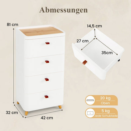Nachtkastje met 4 lades nachtkastje commode met uitneembare organizer wit 42 x 32 x 81,5 cm