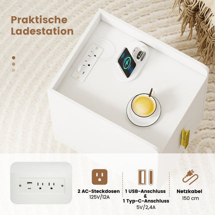 Nachttisch mit Ladestation, 2 Schubladen, Metallbeinen, Weiß