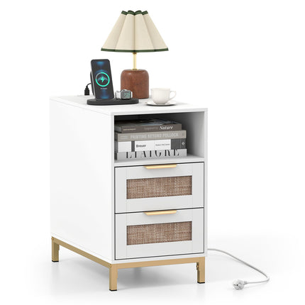 Nachttisch mit Ladestation & 2 Schubladen, Rattan & Holz