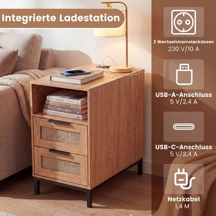 Nachttisch mit Ladestation & 2 Schubladen, Rattan & Holz