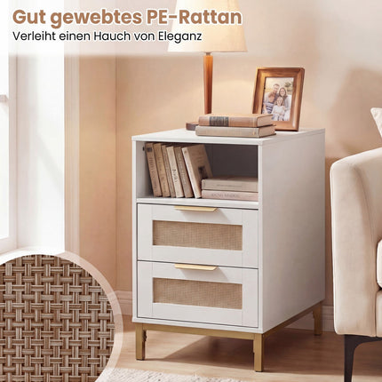 Nachttisch mit Ladestation & 2 Schubladen, Rattan & Holz
