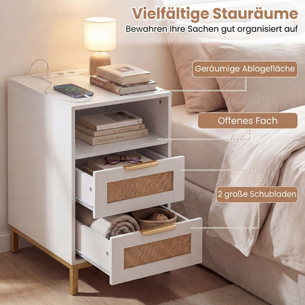 Nachttisch mit Ladestation & 2 Schubladen, Rattan & Holz