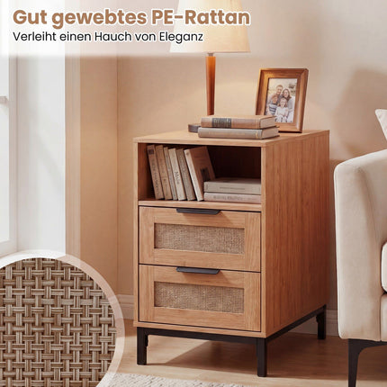 Nachttisch mit Ladestation & 2 Schubladen, Rattan & Holz