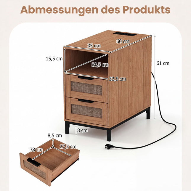 Nachttisch mit Ladestation & 2 Schubladen, Rattan & Holz