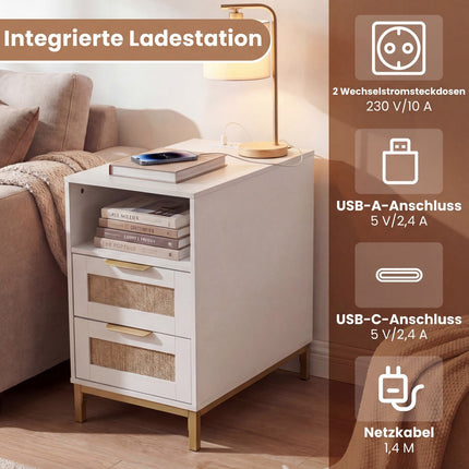 Nachttisch mit Ladestation & 2 Schubladen, Rattan & Holz