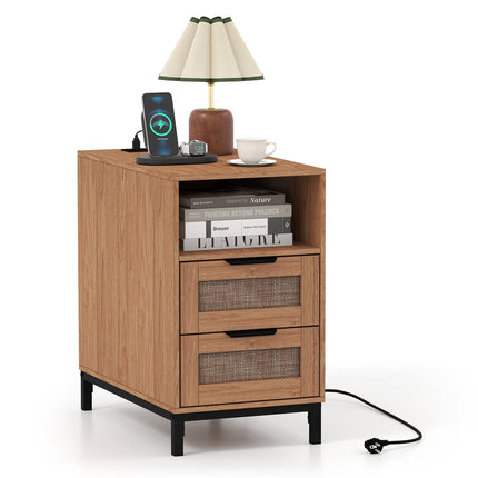 Nachttisch mit Ladestation & 2 Schubladen, Rattan & Holz