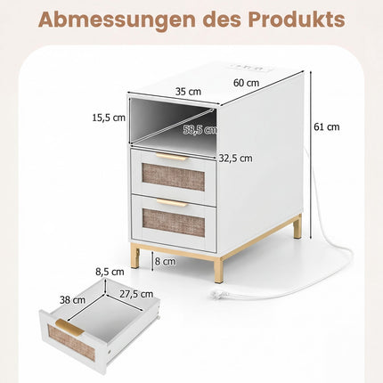 Nachttisch mit Ladestation & 2 Schubladen, Rattan & Holz