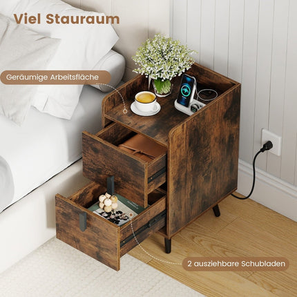 Nightstand with Charging Station, 2 Drawers, Rustic Brown