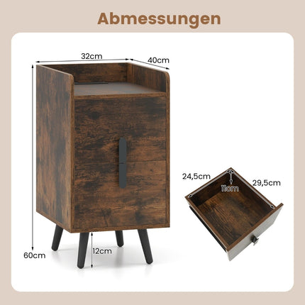 Nightstand with Charging Station, 2 Drawers, Rustic Brown