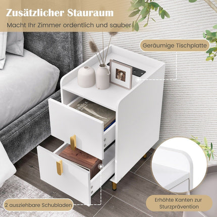 Nachttisch mit Ladestation, 2 Schubladen, USB-Anschlüssen, Weiß