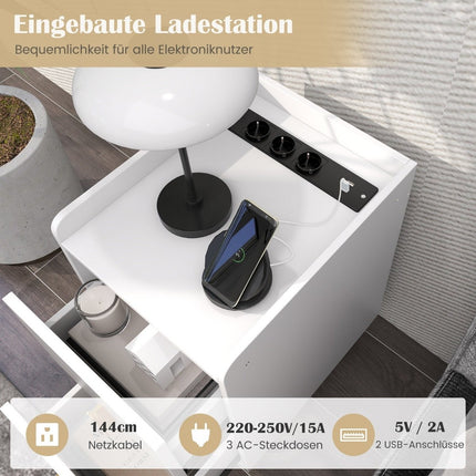 Nachttisch mit Ladestation, 2 Schubladen, USB-Anschlüssen, Weiß