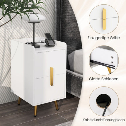 Nachttisch mit Ladestation, 2 Schubladen, USB-Anschlüssen, Weiß