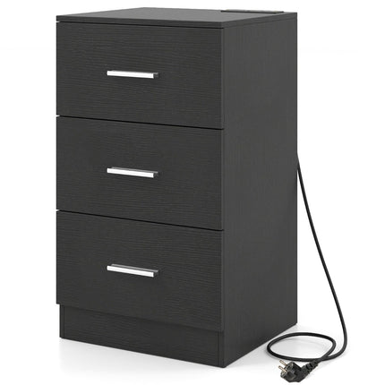 Nightstand with Charging Station, 3 Drawers, Black