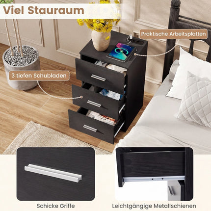 Nightstand with Charging Station, 3 Drawers, Black