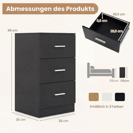 Nightstand with Charging Station, 3 Drawers, Black