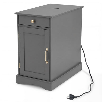 Nightstand with Charging Station, Adjustable Shelf, Gray Wood