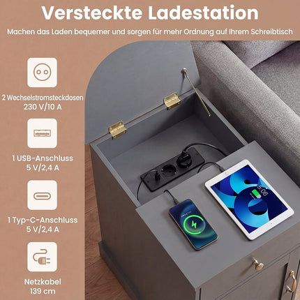 Nightstand with Charging Station, Adjustable Shelf, Gray Wood
