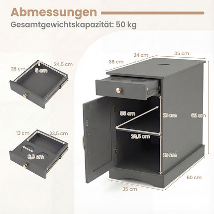 Nightstand with Charging Station, Adjustable Shelf, Gray Wood