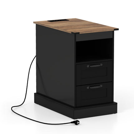 Nightstand with Charging Station, Black, 2 Drawers