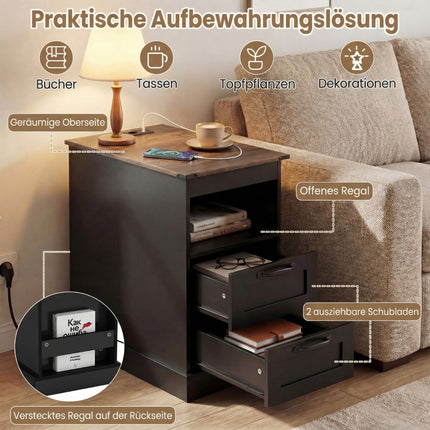 Nightstand with Charging Station, Black, 2 Drawers