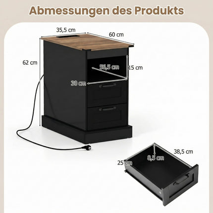 Nightstand with Charging Station, Black, 2 Drawers