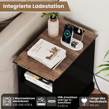 Nightstand with Charging Station, Black, 2 Drawers