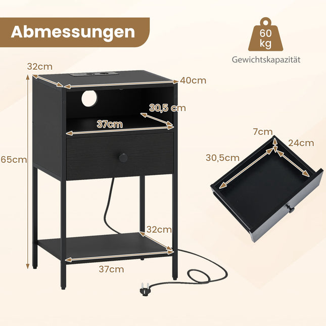 Nachttisch mit Ladestation, Schwarz, USB- & Typ-C-Anschlüsse