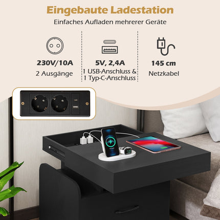Nachttisch mit Ladestation, Schublade & offenen Ablagen, Schwarz