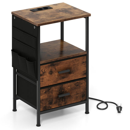 Nightstand with Charging Station, LED Lights, Storage Drawers