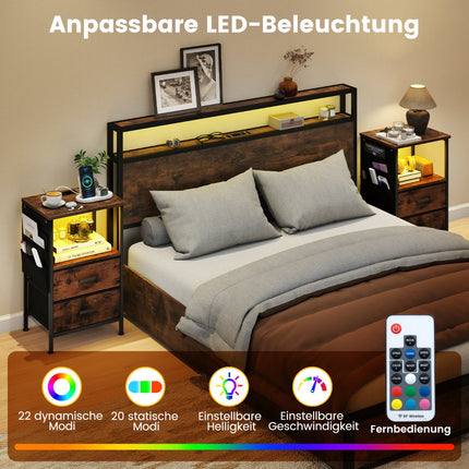Nightstand with Charging Station, LED Lights, Storage Drawers