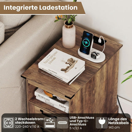 Nachttisch mit Ladestation, offenem Fach & 2 Schubladen