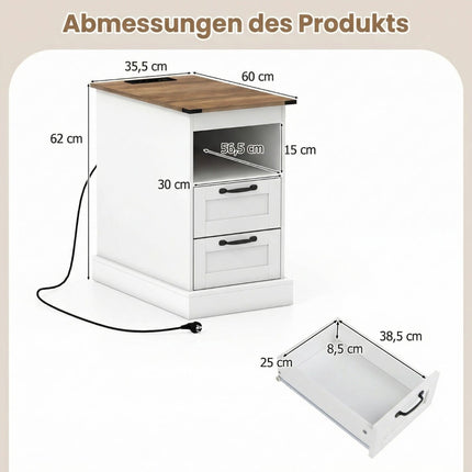 Nachttisch mit Ladestation, Weiß, 2 Schubladen & Ablage