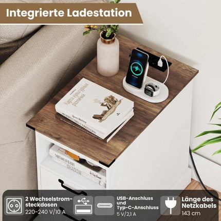 Nachttisch mit Ladestation, Weiß, 2 Schubladen & Ablage