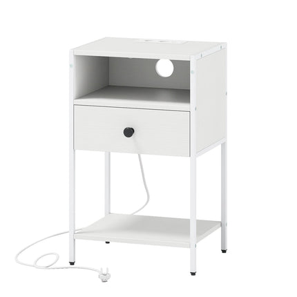Nightstand with Charging Station – White, Compact, Industrial Style