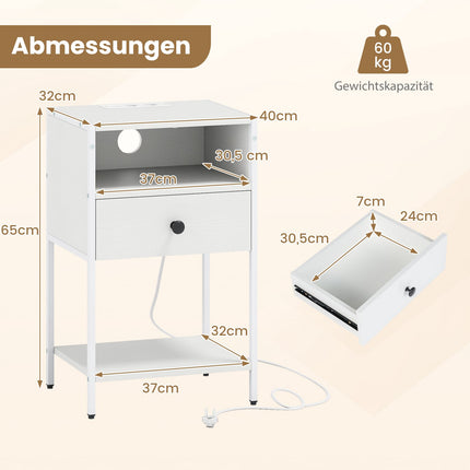 Nightstand with Charging Station – White, Compact, Industrial Style