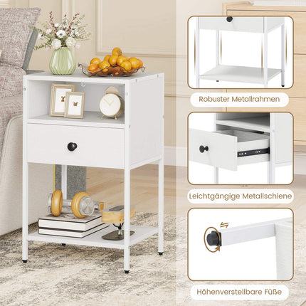 Nightstand with Charging Station – White, Compact, Industrial Style