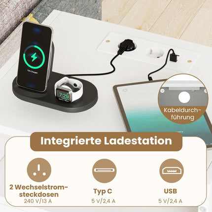 Nightstand with Charging Station – White, Compact, Industrial Style