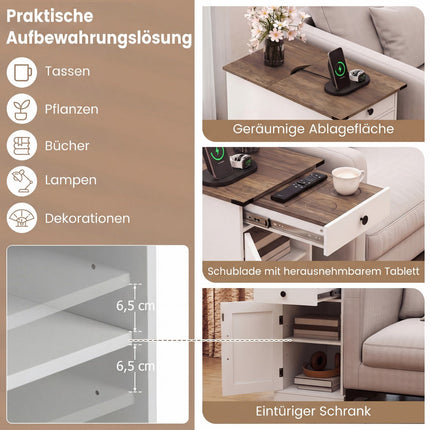 Nachttisch mit Ladestation und klappbarer Tischplatte, Weiß