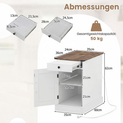 Nachttisch mit Ladestation und klappbarer Tischplatte, Weiß