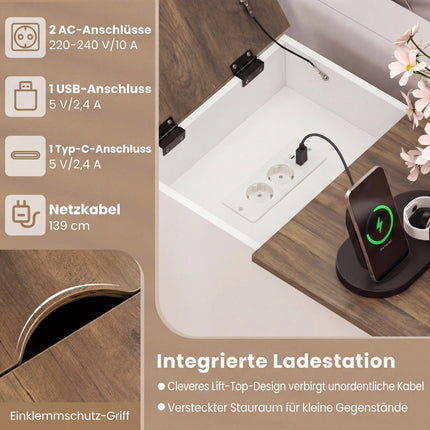 Nachttisch mit Ladestation und klappbarer Tischplatte, Weiß