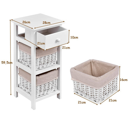 Nightstand with Drawer and 2 Storage Baskets, White