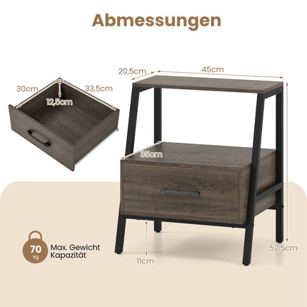 Nachttisch mit Schublade und Ablage, Metallrahmen, 45x35x52.5 cm
