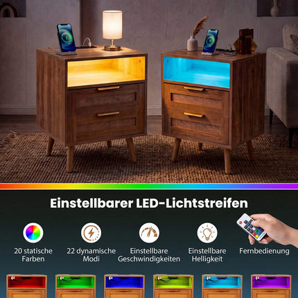 Nightstand with LED Lights & Charging Station, Rattan Drawers