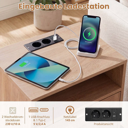Nightstand with LED Lights & Charging Station, Rattan Drawers