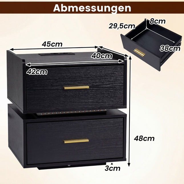 Nachttisch mit LED-Beleuchtung und Ladestation, 2 Schubladen