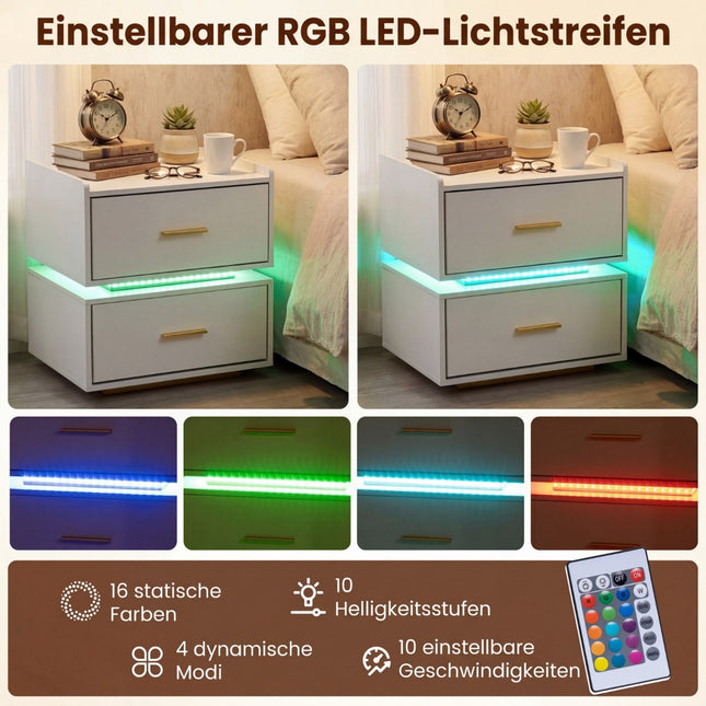 Noční stolek s LED osvětlením a nabíjecí stanicí, 2 zásuvky